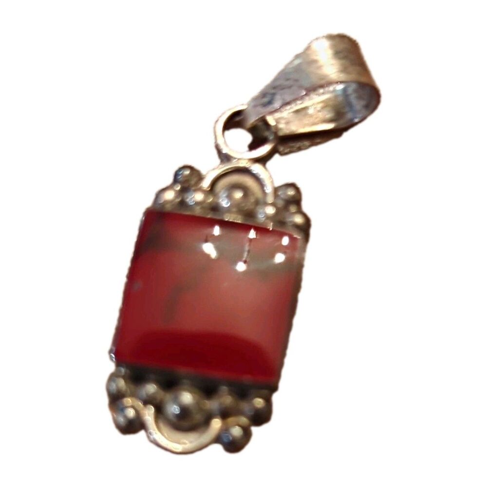 925 Sterling Silver Mexico Signed Red Rectangle Cabochon Pendant